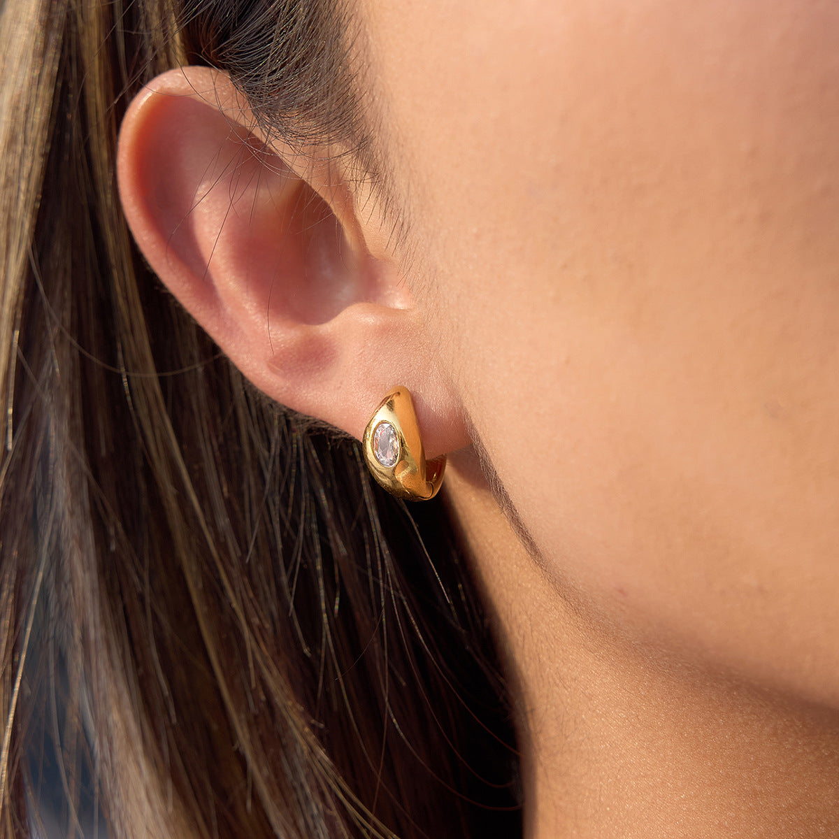 Oval Zircon Huggie Earrings