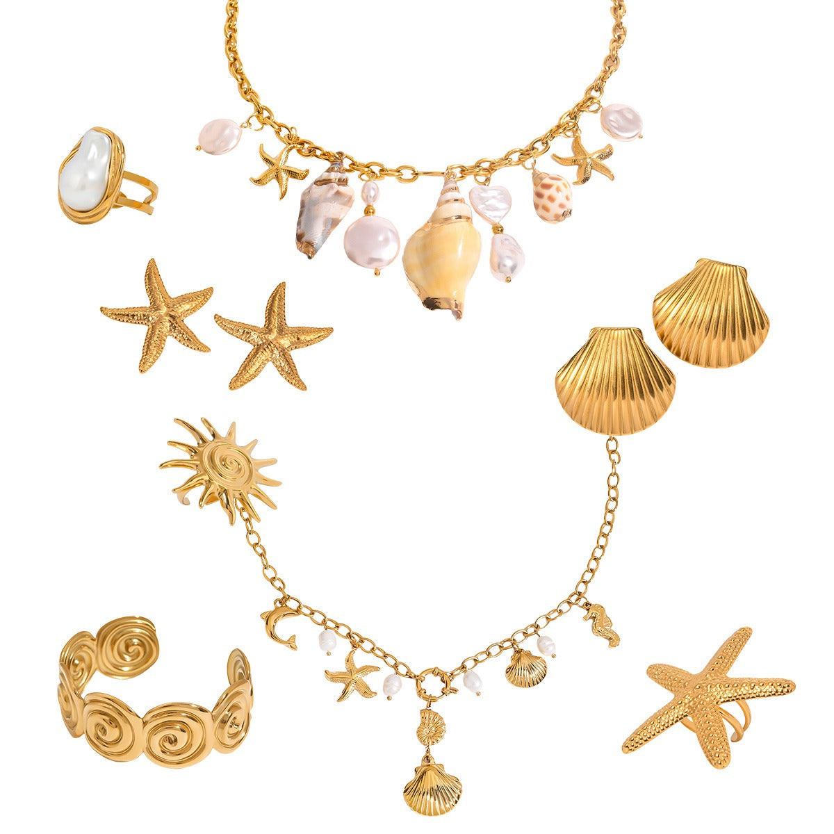 18K gold ocean element inlaid pearl design trendy unique earrings necklace bracelet ring set