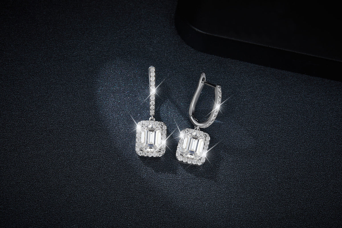 S925 Sterling Silver 6x8mm Emerald Cut Moissanite Halo Hoop Earrings Platinum Plated Drop Earrings With GRA Certificate Luxury Jewelry Gift Box Set