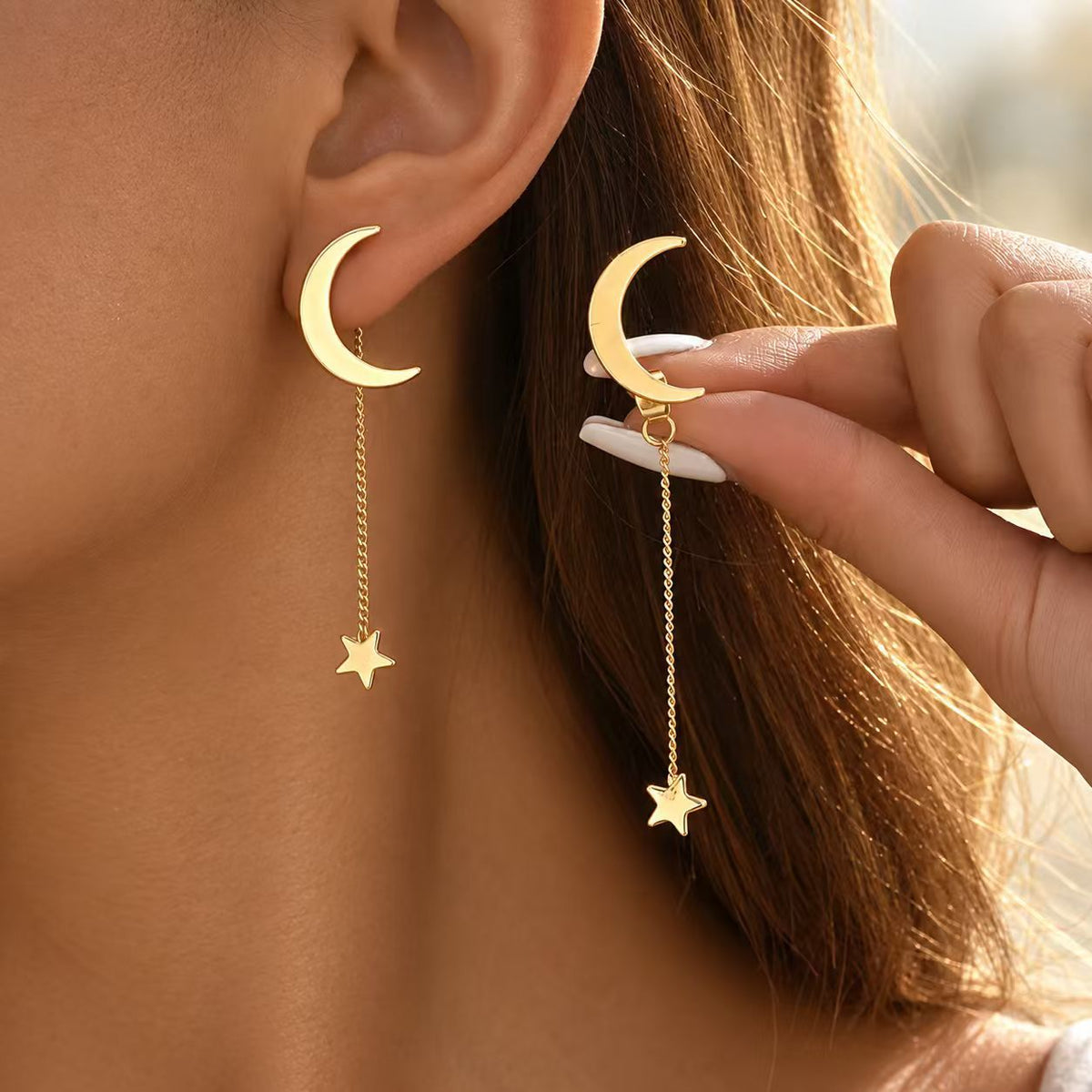 New Stainless Steel Tassel Earrings For Women, Minimalist Star Moon Stud Earrings, Fashion High-End Colorfast Ear Jewelry