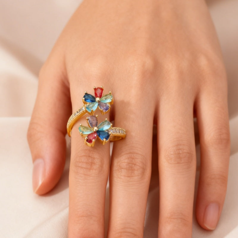 Women's Colorful Zircon Flower Open Ring