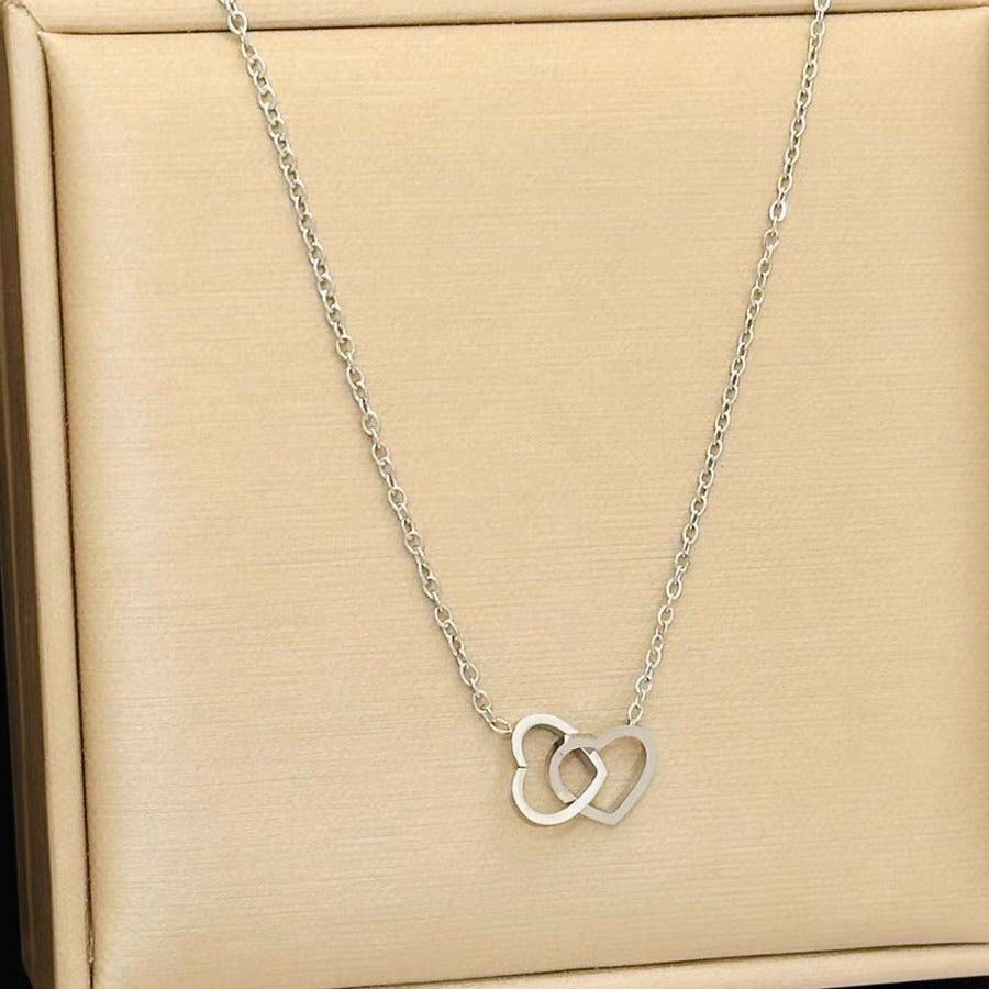 All-Titanium Steel Electroplated 18K Gold Cool Style Heart Double Ring Necklace For Women Niche Design Fashionable And Versatile High-End Sense
