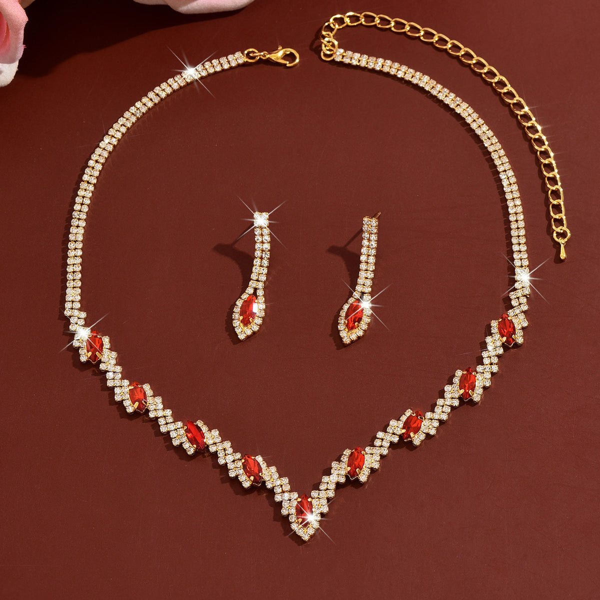 European And American Cross-Border New Style Full Diamond Water Drop V-Shaped Bridal Wedding Necklace And Earrings Fashion Exquisite Eco-Friendly Jewelry Set