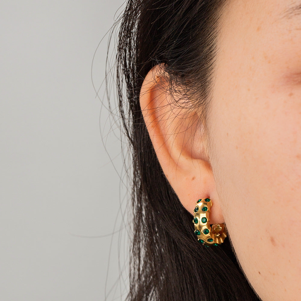 18K Gold Fashion Dazzling C Shape Inlaid Zircon Polished Earrings