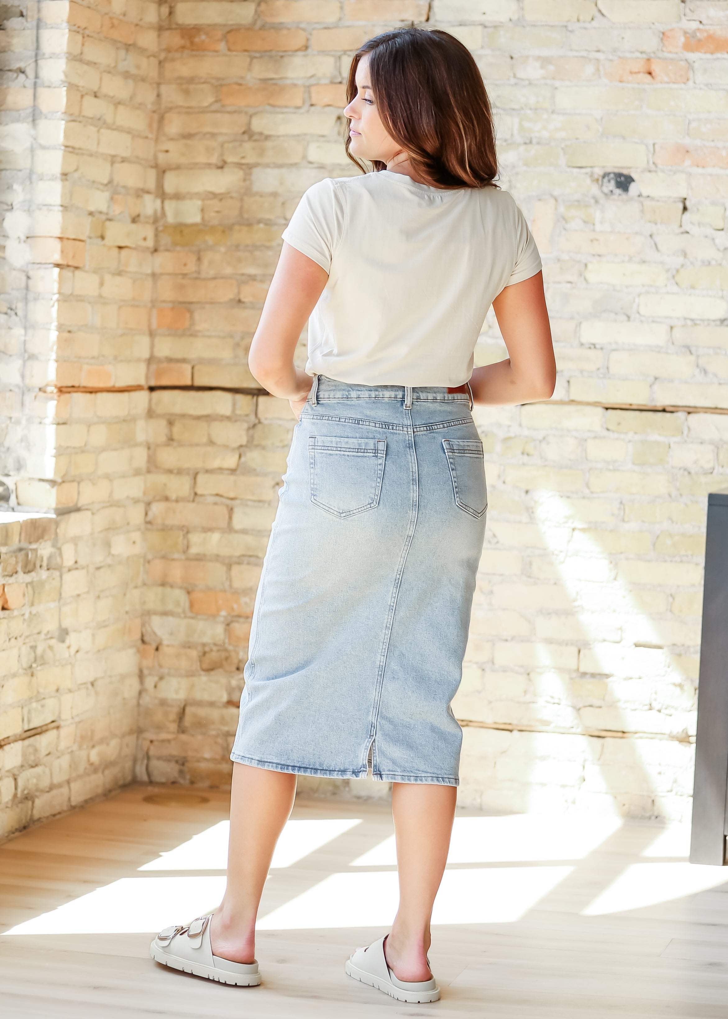 Greta Light Wash Midi Denim Skirt