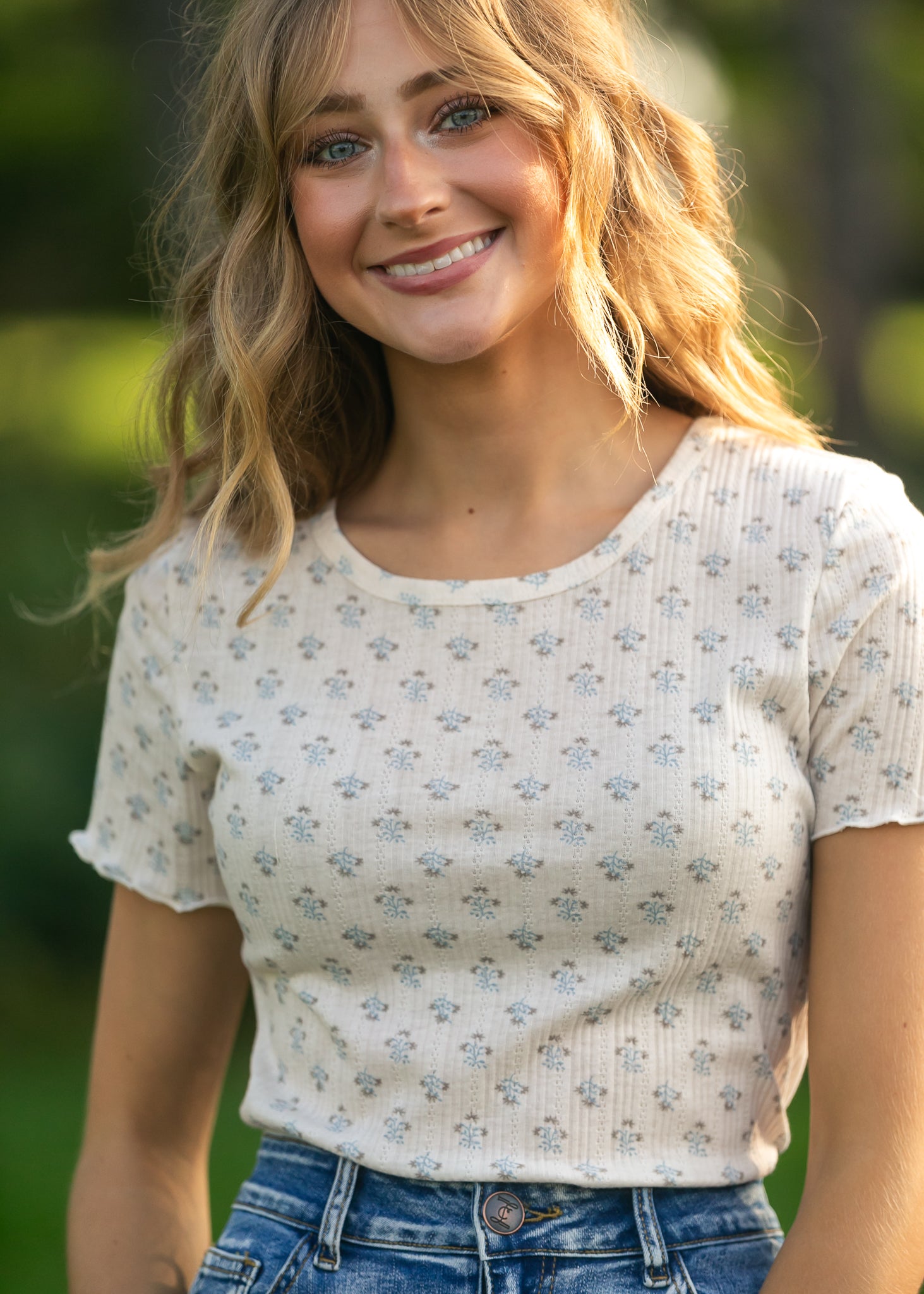 Larza Blue Floral Lettuce Hem Top