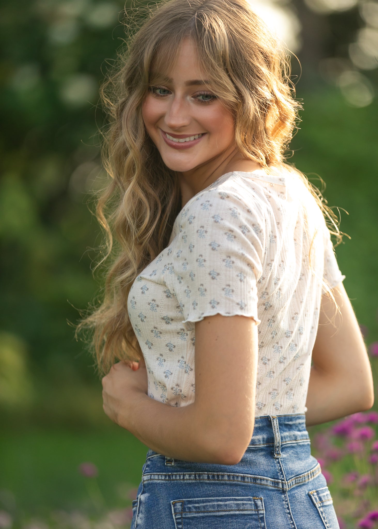 Larza Blue Floral Lettuce Hem Top