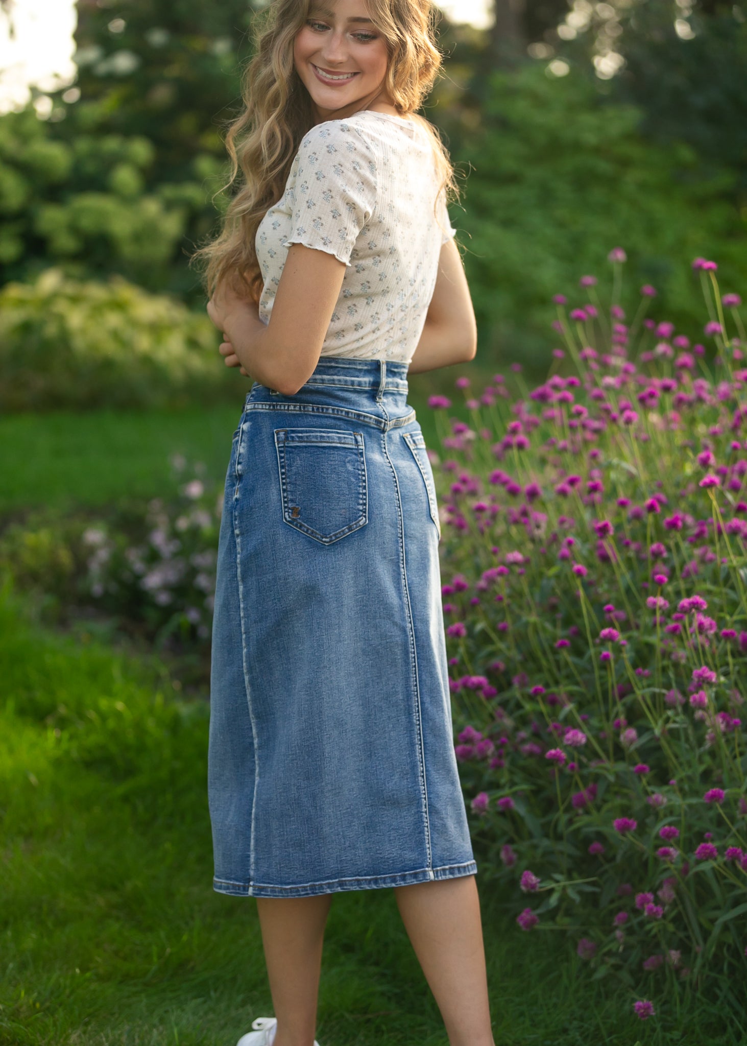 Larza Blue Floral Lettuce Hem Top