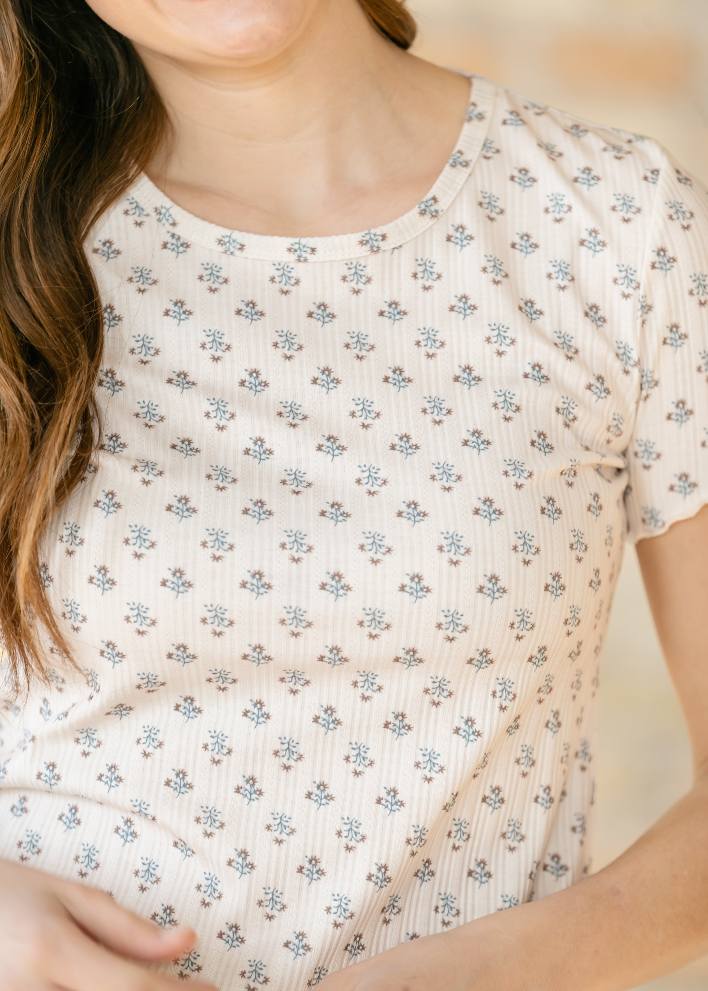 Larza Blue Floral Lettuce Hem Top