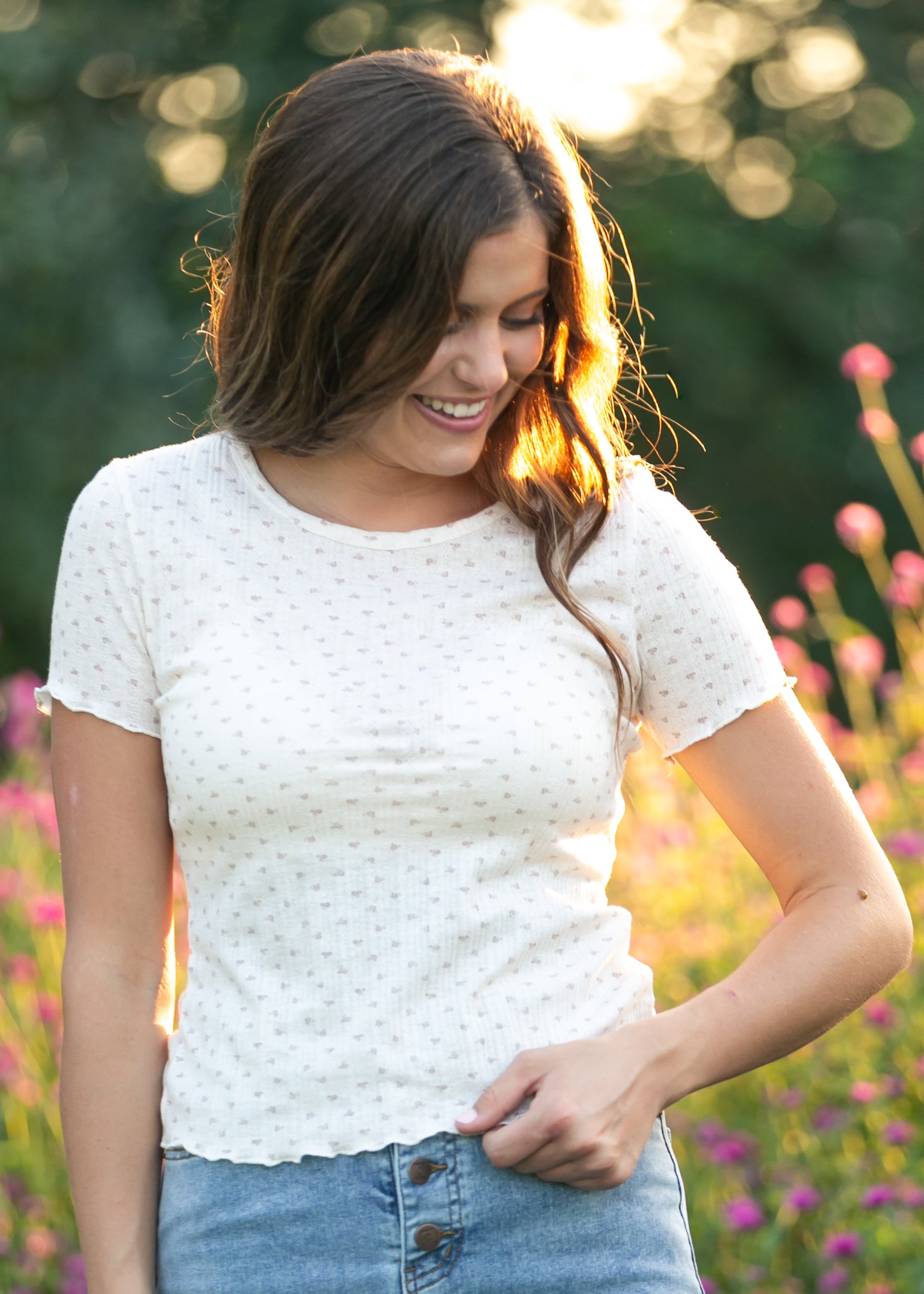 Larza Taupe Floral Lettuce Hem Top