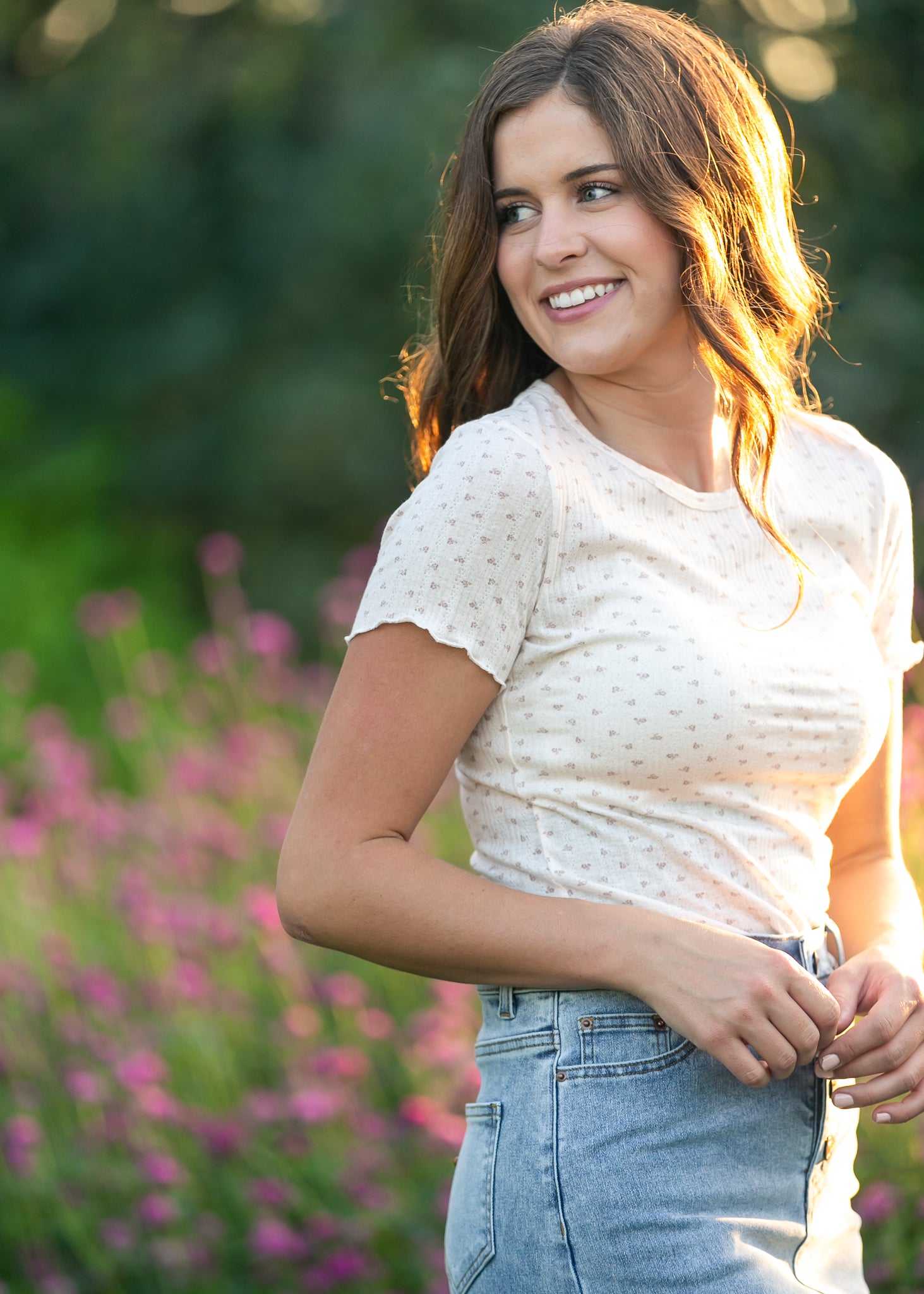 Larza Taupe Floral Lettuce Hem Top