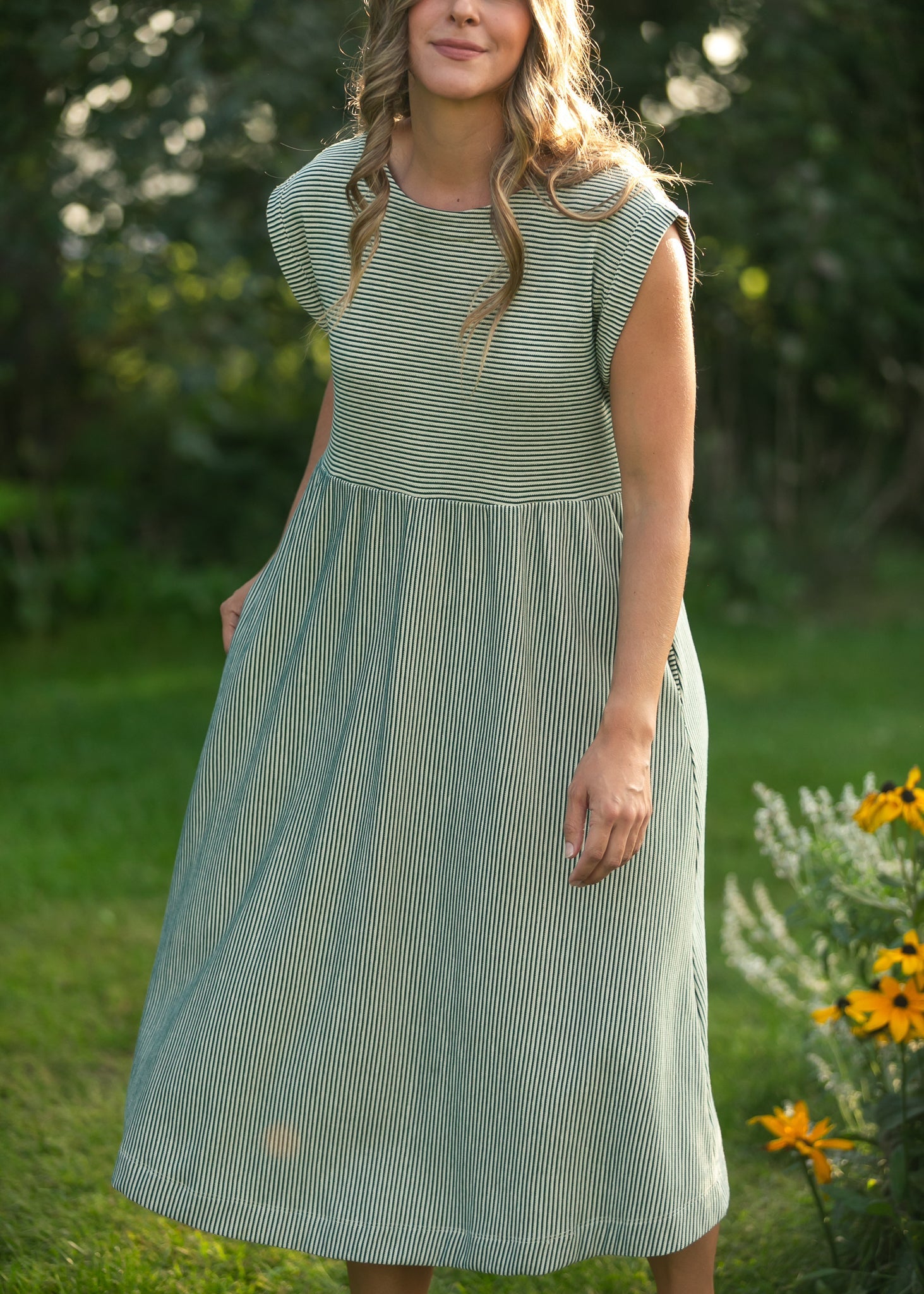 Olivia Green A-line Striped Midi Dress