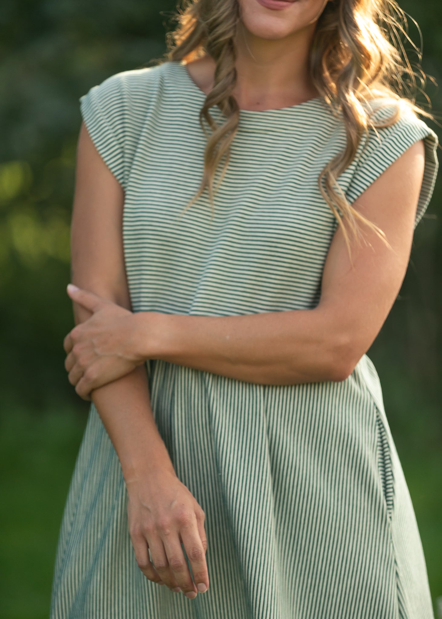 Olivia Green A-line Striped Midi Dress