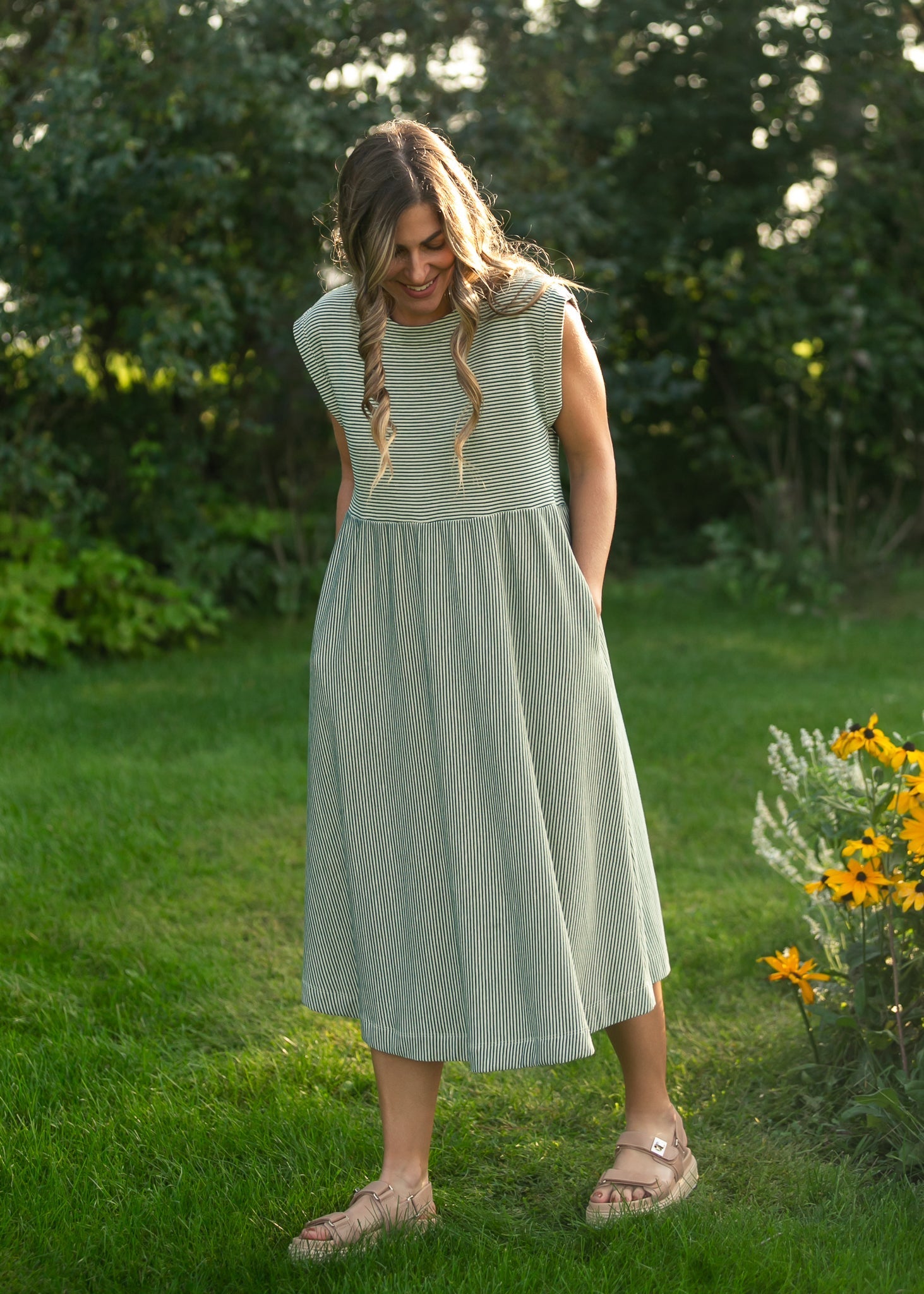 Olivia Green A-line Striped Midi Dress