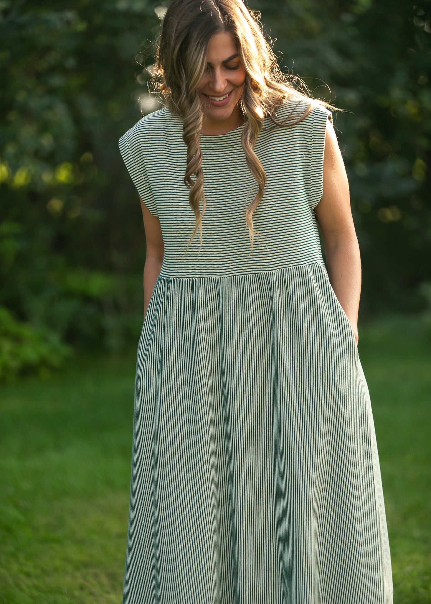 Olivia Green A-line Striped Midi Dress