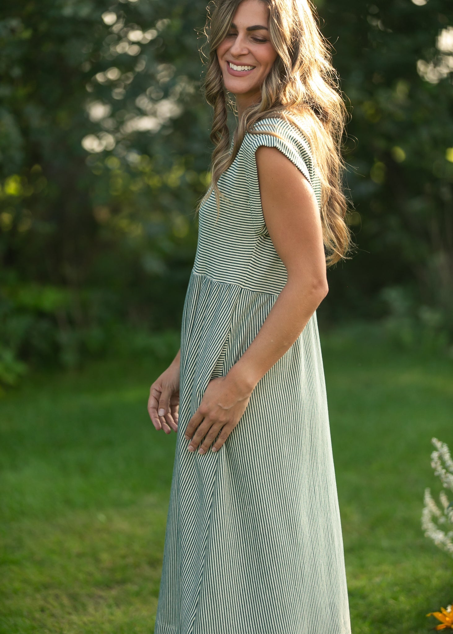 Olivia Green A-line Striped Midi Dress