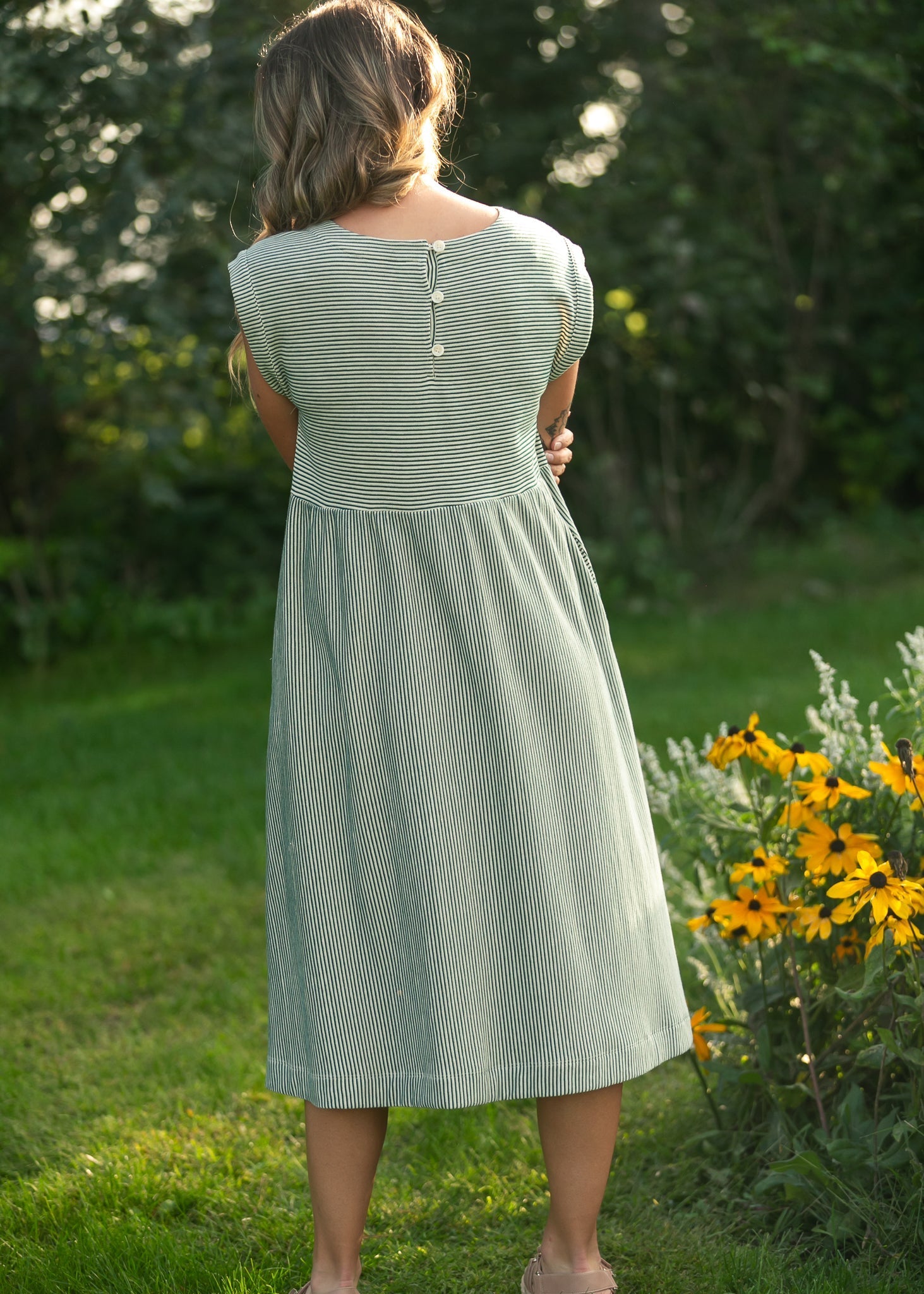 Olivia Green A-line Striped Midi Dress