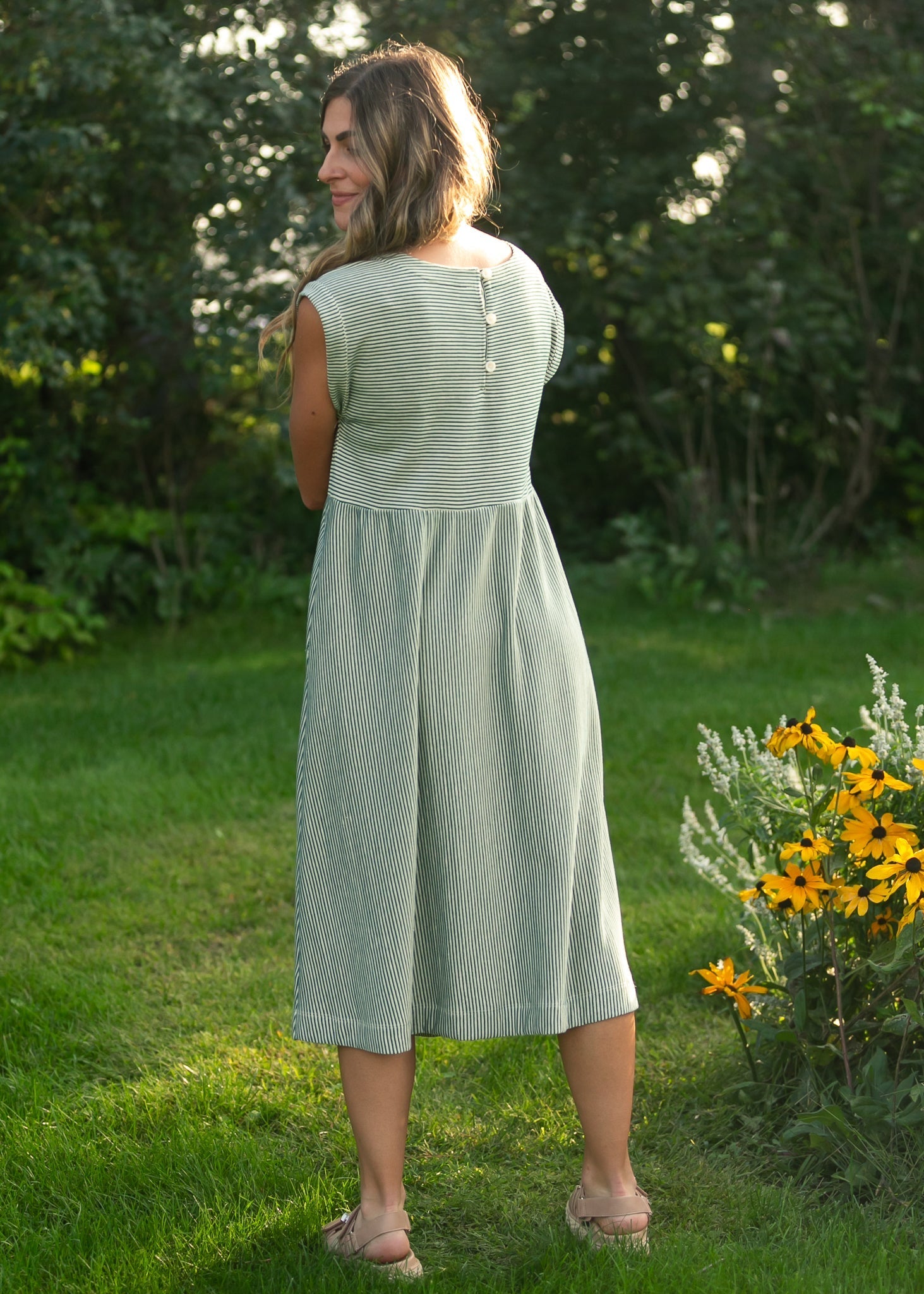 Olivia Green A-line Striped Midi Dress