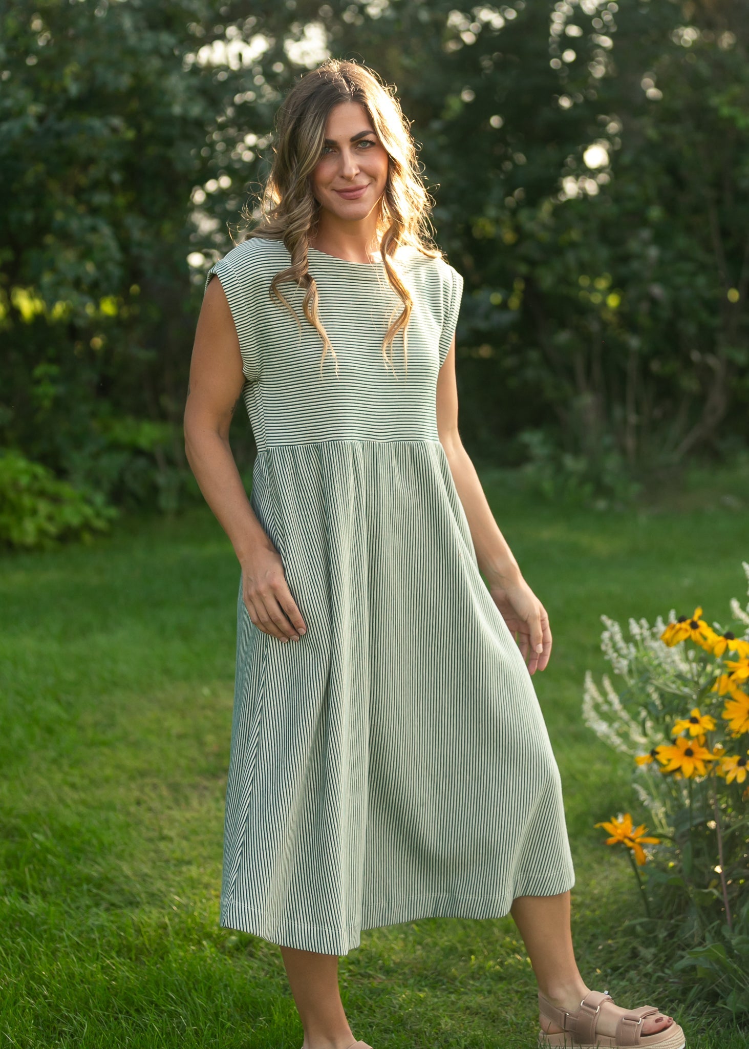 Olivia Green A-line Striped Midi Dress
