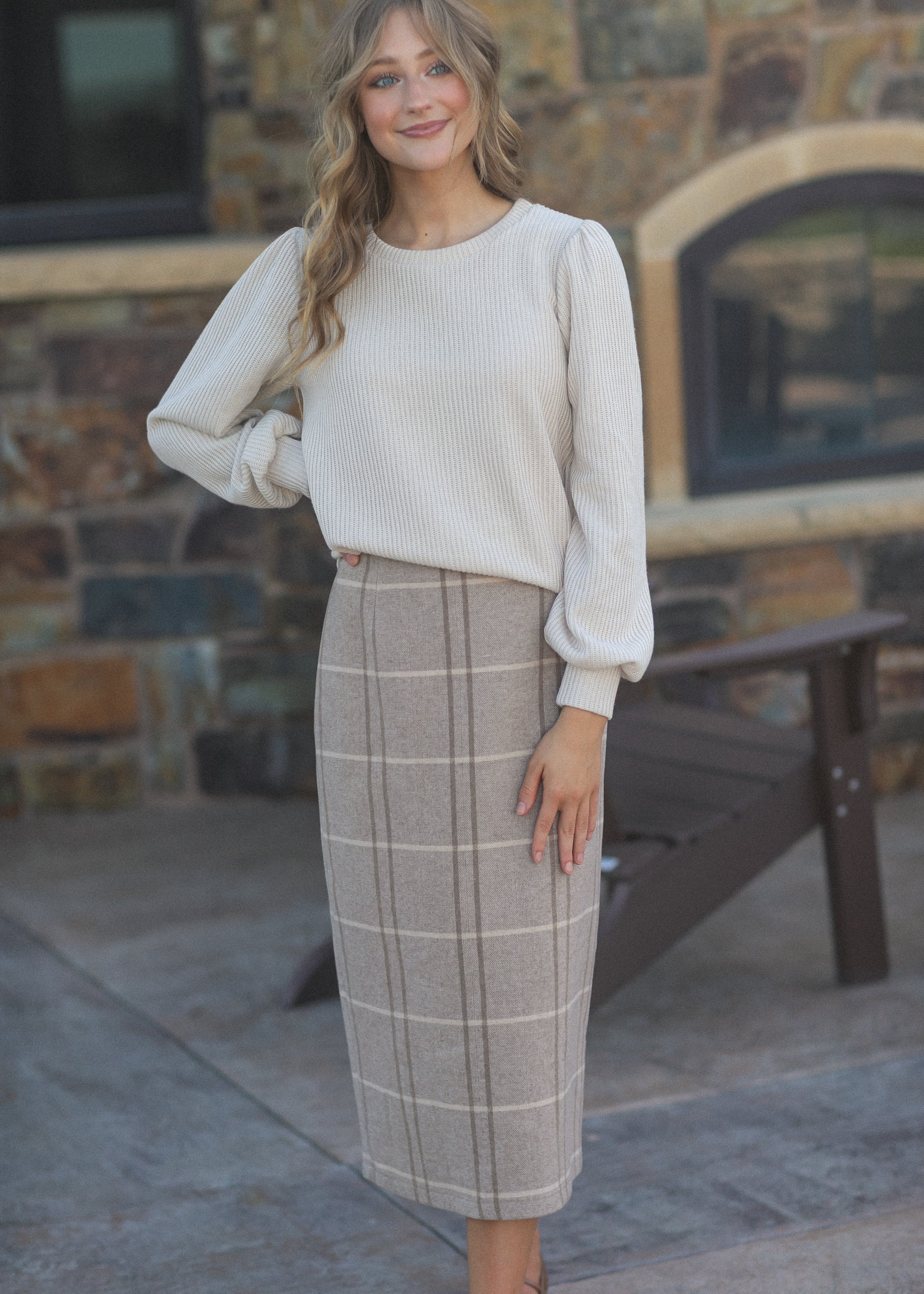 Calista Plaid Wool Midi Pencil Skirt