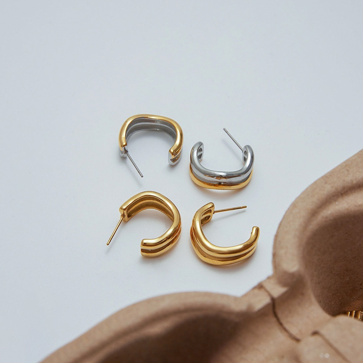 18K gold double-layer C-shaped design simple and unique earrings