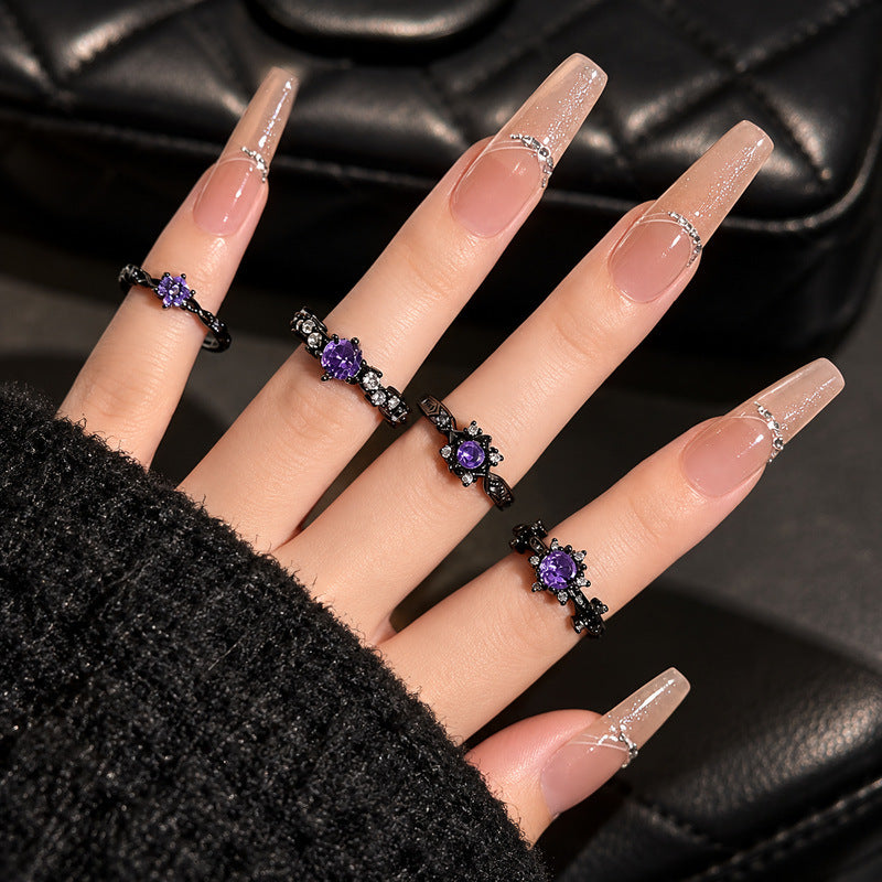 Wholesale Black Gun Tone Purple Cubic Zirconia Open Ring For Women, Niche High-End Retro Gothic Dark Style Finger Jewelry