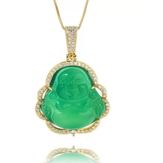 Hip Hop Glass Gold Inlay Buddha Pendant Necklace