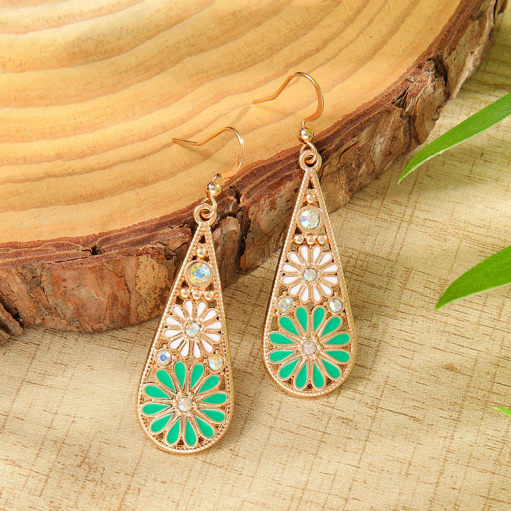 Metal Earrings Water-drop-shaped With Small Daisies Oil-drip Style
