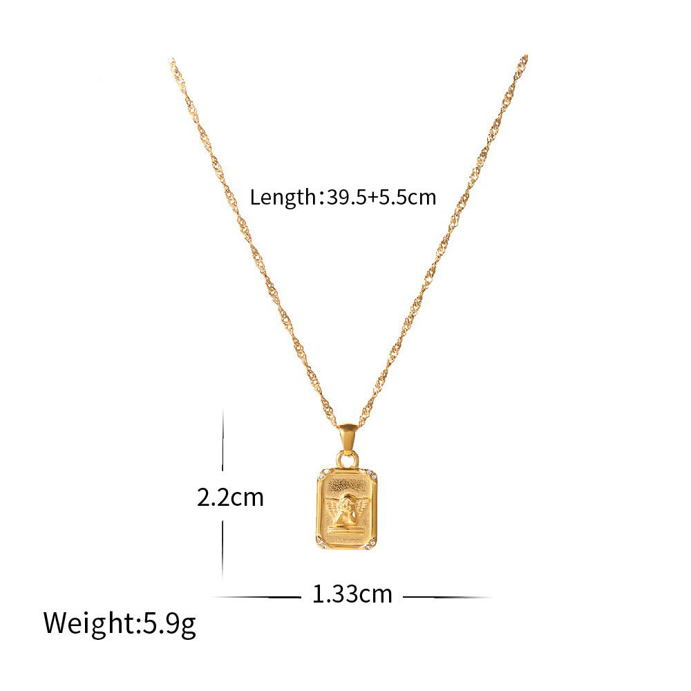 18K gold rectangular necklace with angel pattern design classic fashion necklace