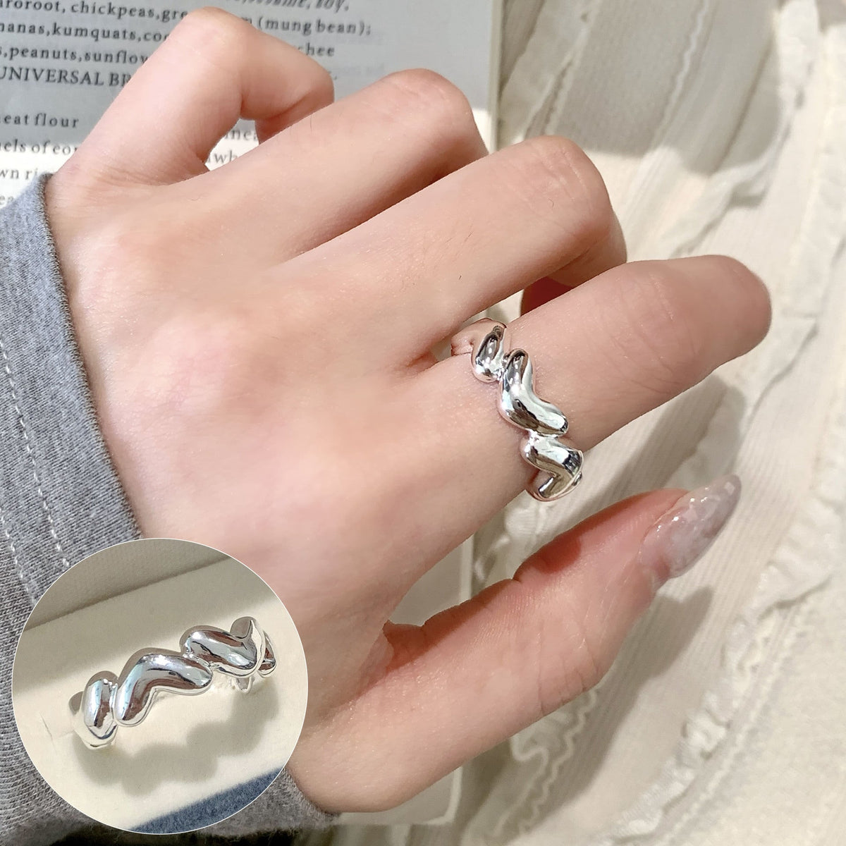 High Sense Star Open Ring For Women, INS Niche Brushed Texture Luxury Adjustable Index Finger Statement Ring