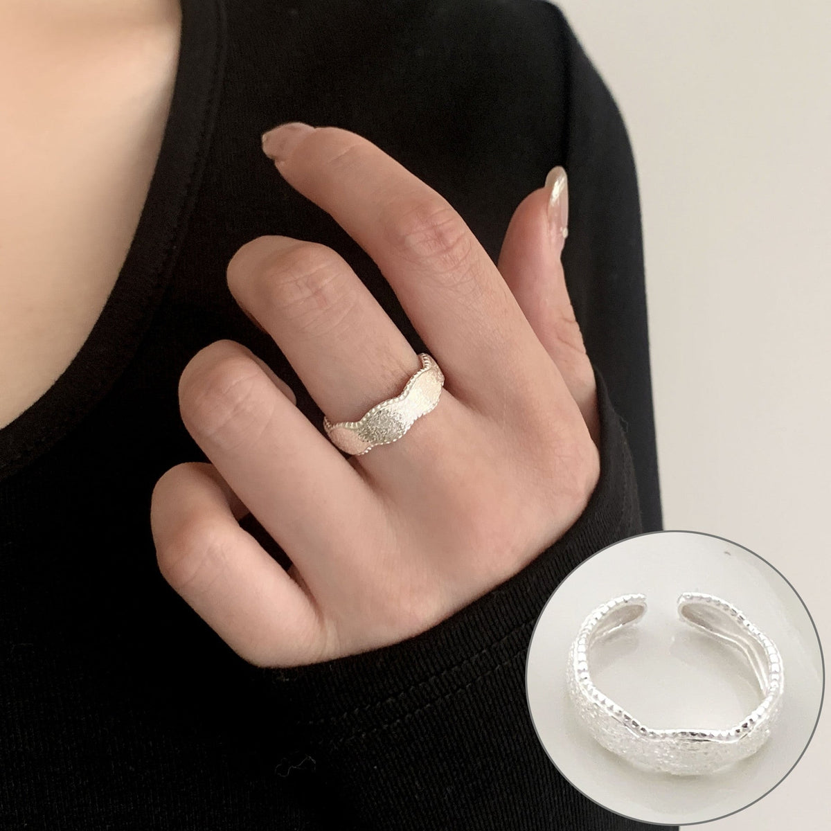 High Sense Star Open Ring For Women, INS Niche Brushed Texture Luxury Adjustable Index Finger Statement Ring