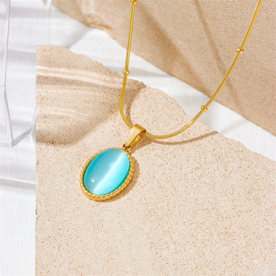 European And American Summer Popular Water Blue Pendant Bead Necklace Fashion Stainless Steel 18k Gold Plated Necklace