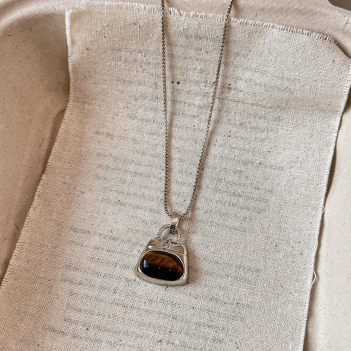 Tigers Eye Stone And Coffee-Colored Leather Double-Layer Necklace