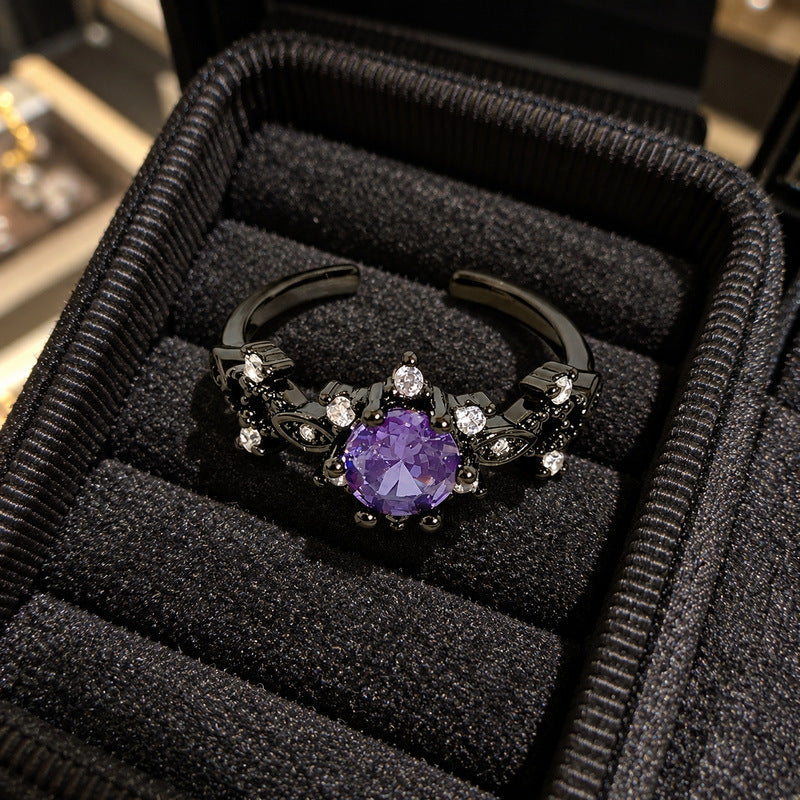 Wholesale Black Gun Tone Purple Cubic Zirconia Open Ring For Women, Niche High-End Retro Gothic Dark Style Finger Jewelry