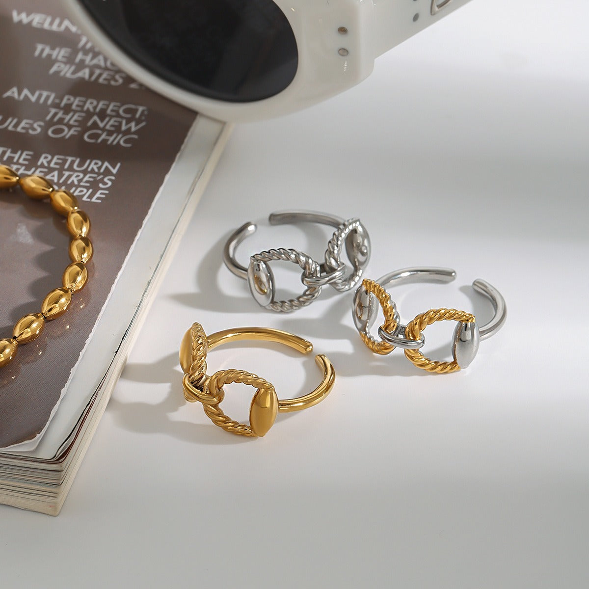 18K gold geometric shape with texture design simple and fashionable open ring