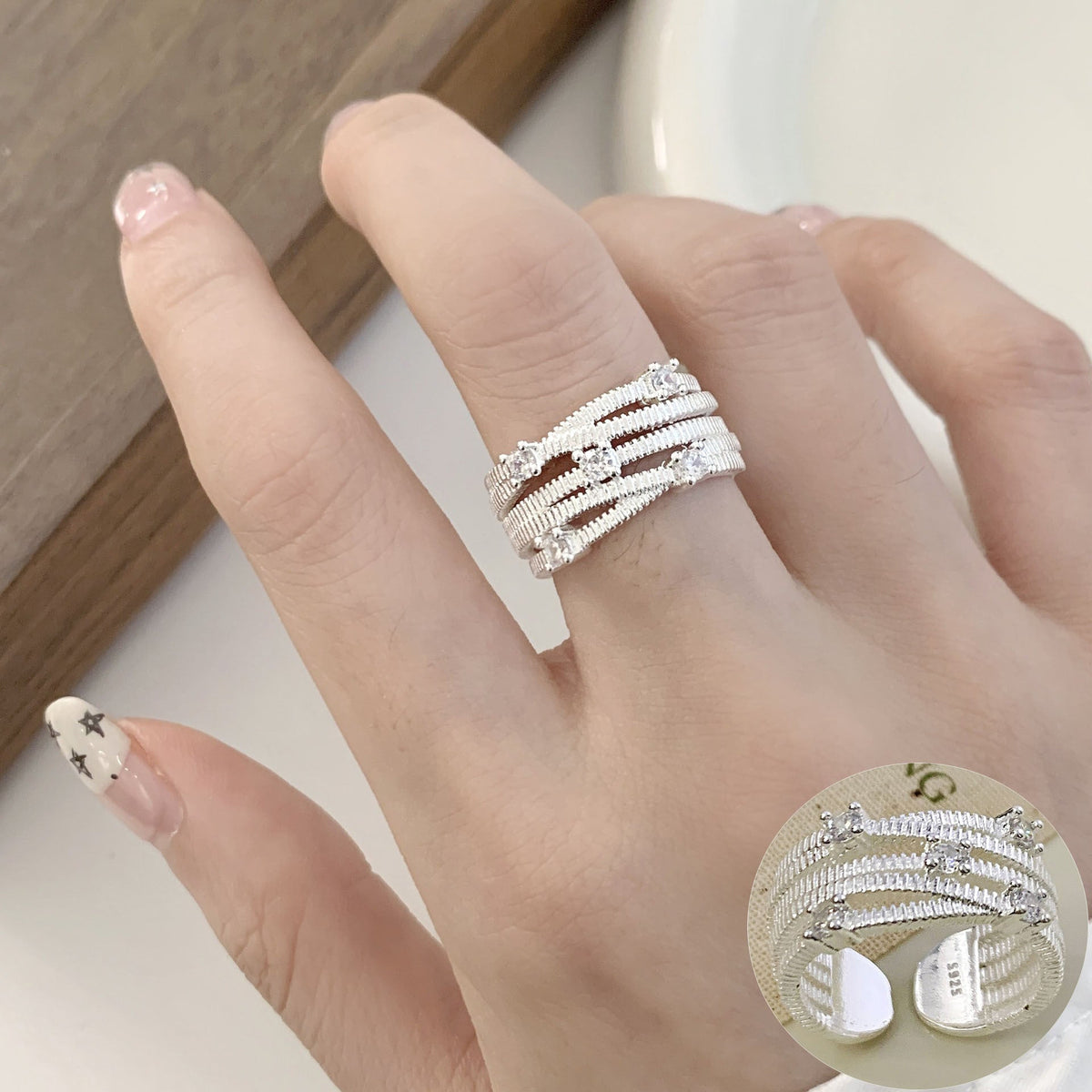 High Sense Star Open Ring For Women, INS Niche Brushed Texture Luxury Adjustable Index Finger Statement Ring