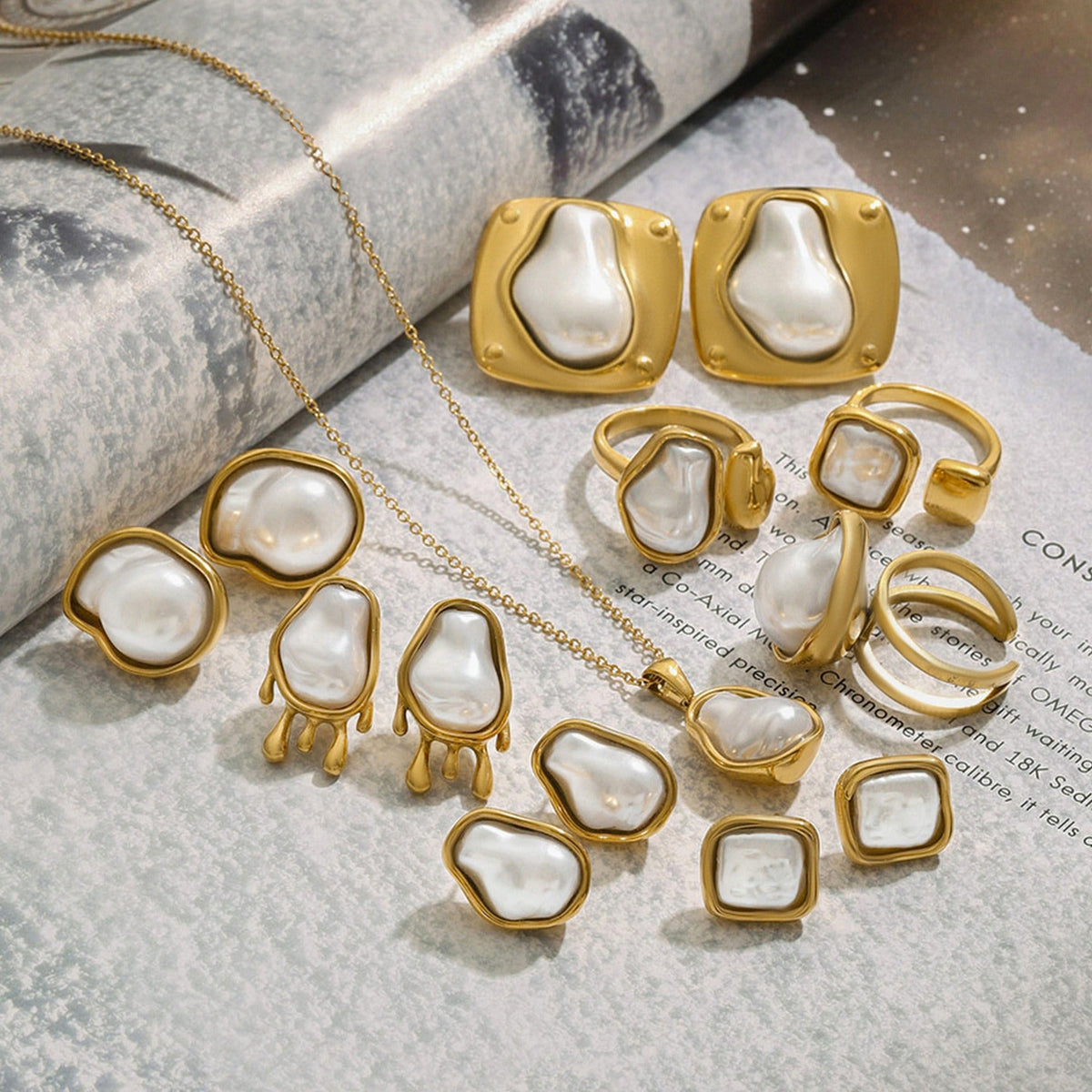 18K gold inlaid irregular pearls exquisite design noble necklace earrings ring set
