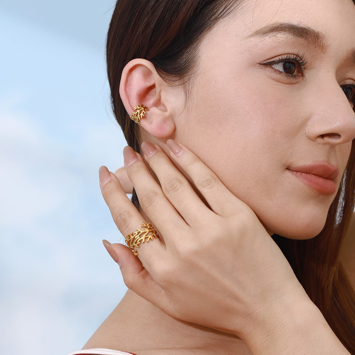 18K gold irregular branch design simple personality earring ring set