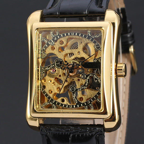 Hollowed-out Gear Square-dial Gold Mechanical Leather-strap Watch