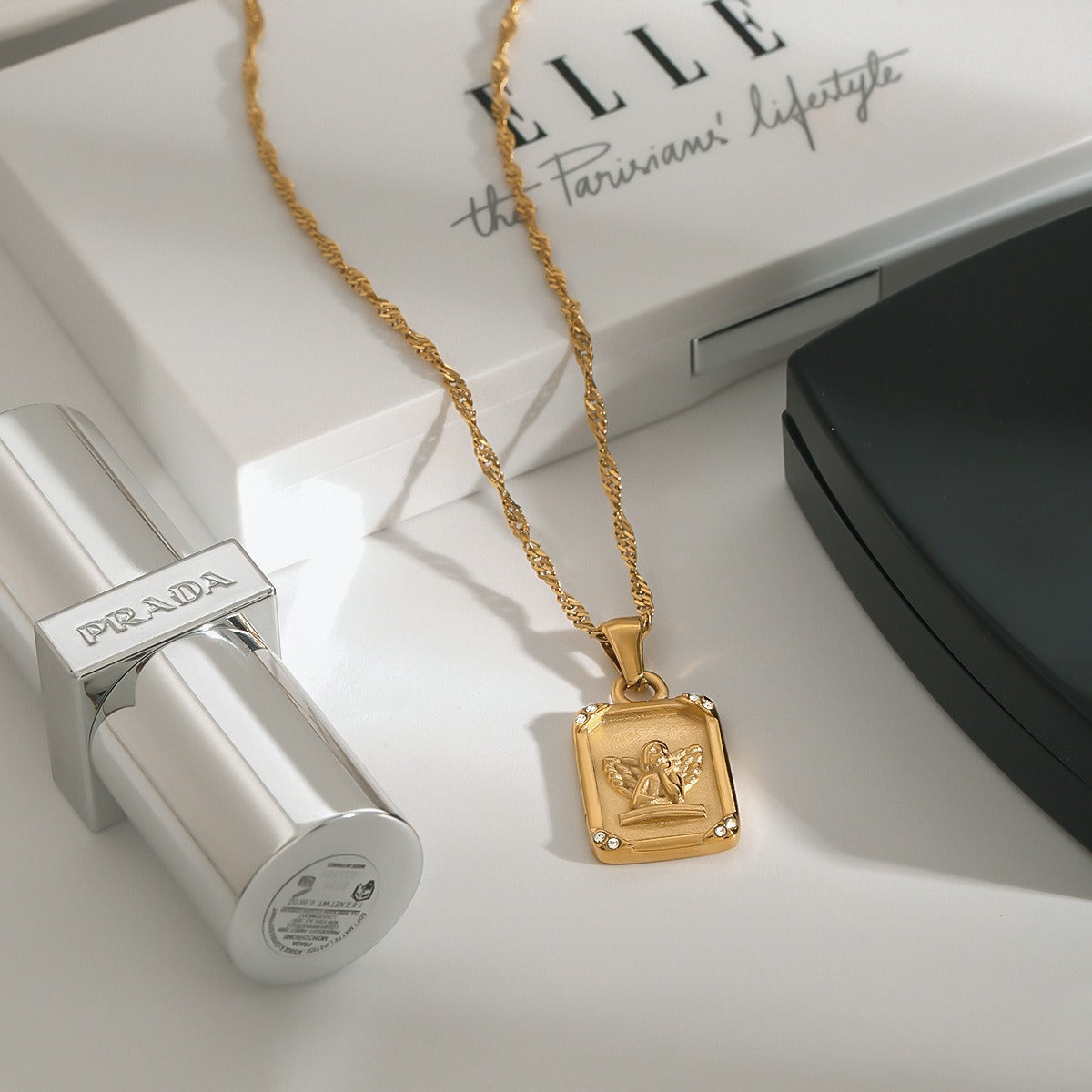 18K gold rectangular necklace with angel pattern design classic fashion necklace