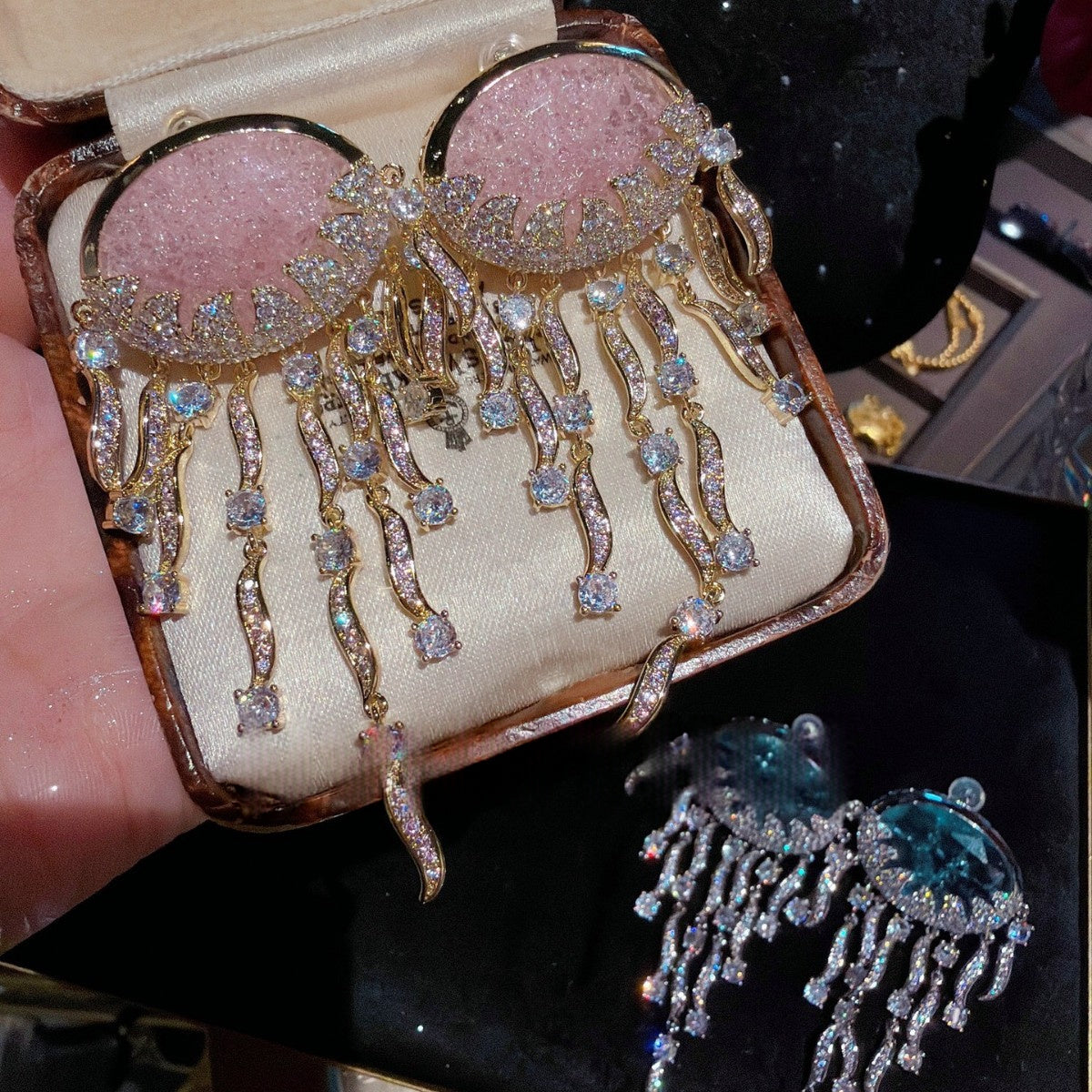 Jellyfish-Pattern Tassel Gemstone Earrings