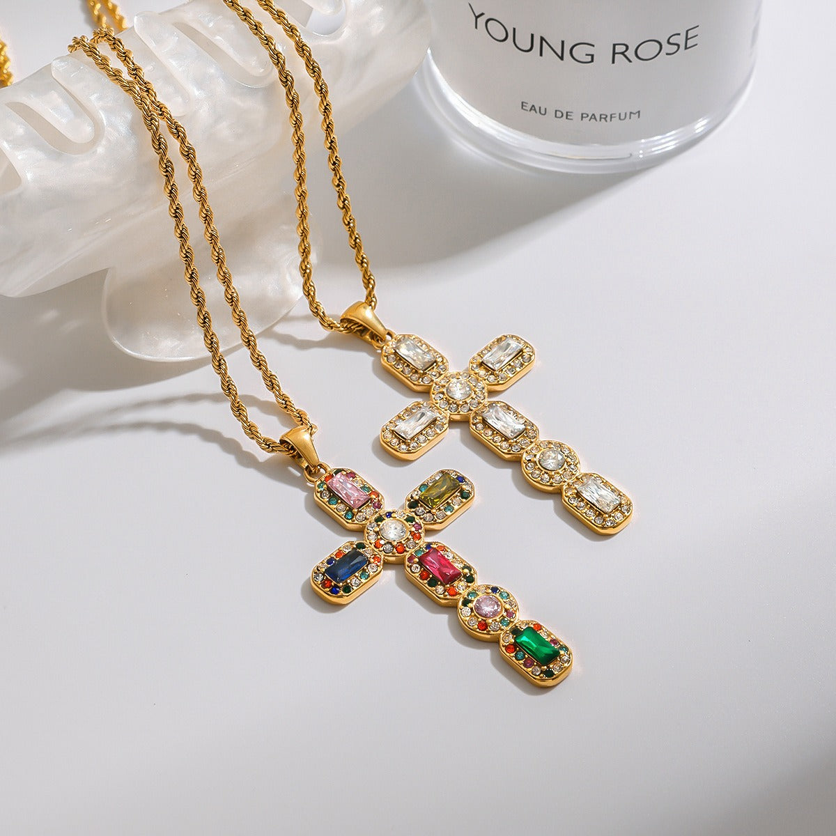 18K gold cross inlaid gemstone exquisite design dazzling necklace