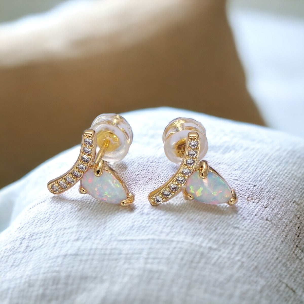 Golden Glimmer Stud Earrings - 14k Gold Filled Opal and CZ