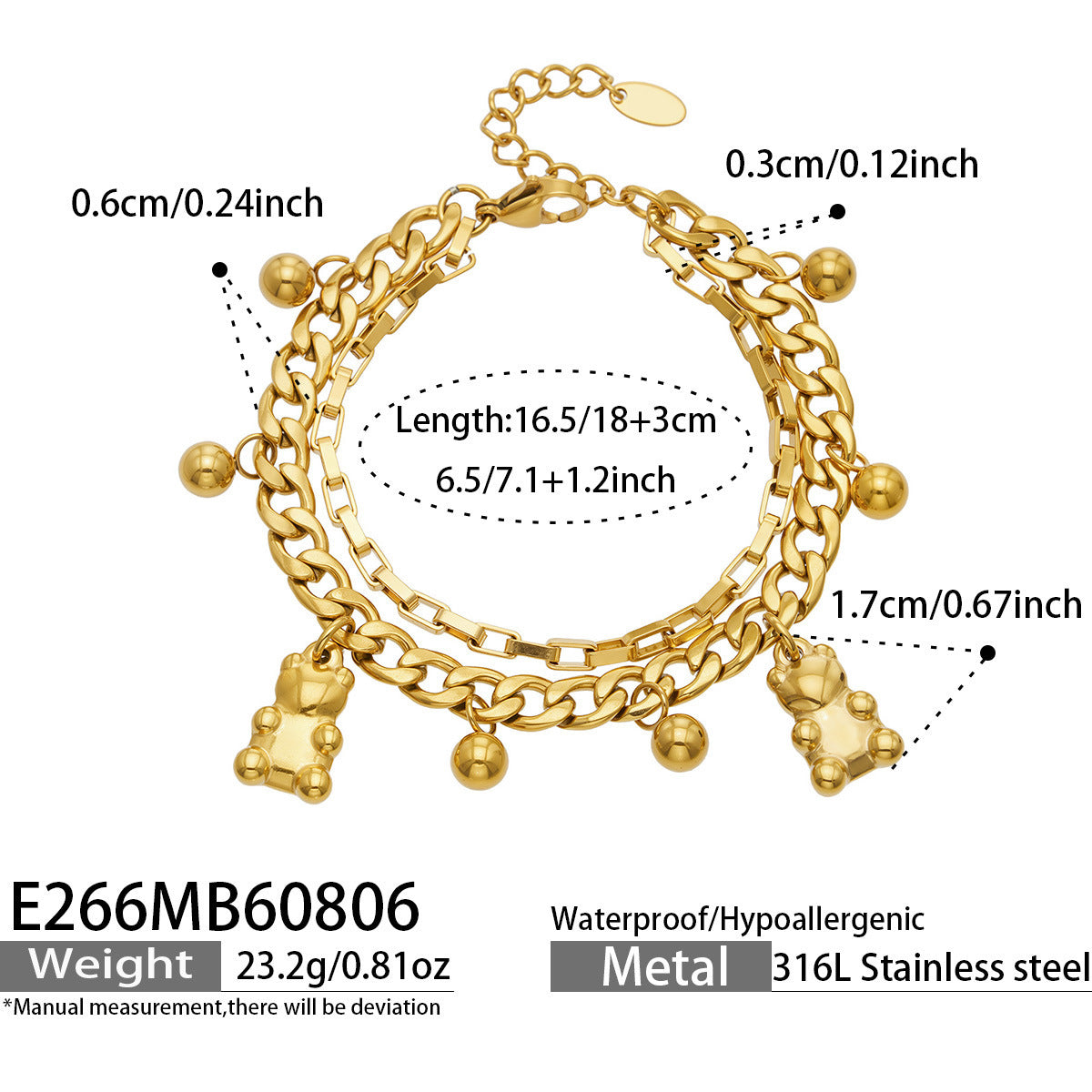 Double Layer Bear Charm Bracelet Stainless Steel Fashion Women Hand Jewelry For Daily Dating Banquet Party Occasions