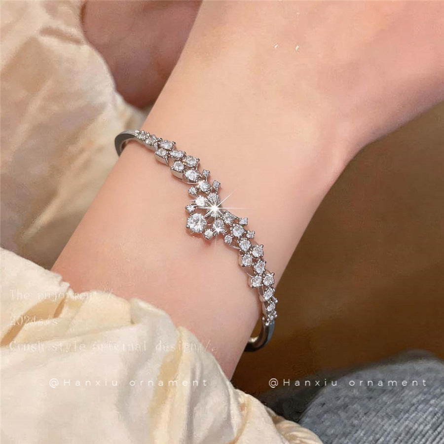 Super Sparkling INS Style Inlaid Zircon Open Bangle For Women, Fashion Light Luxury High Sense Korean Trendy Design Wrist Jewelry