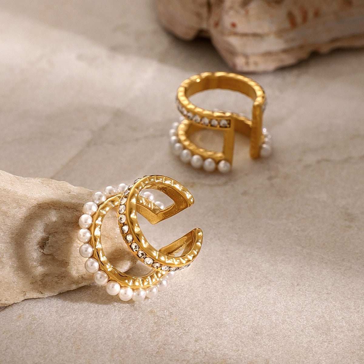 18K gold exquisite and noble double-layer inlaid pearls and diamonds design light luxury style earrings