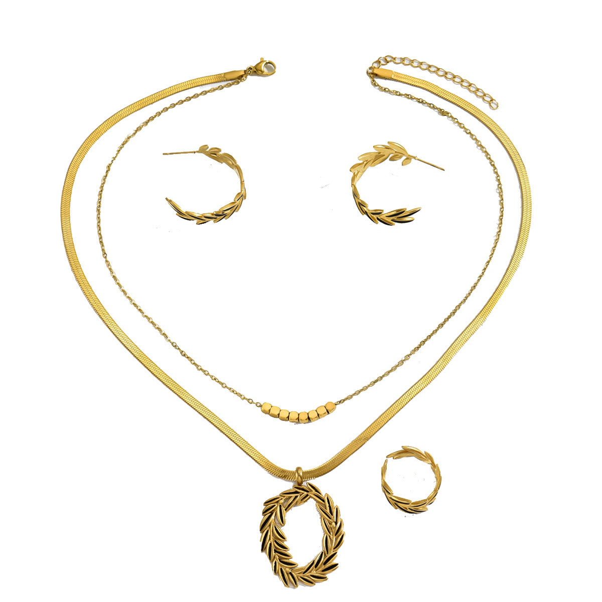 Fashion Simple Wind Ring Ladies Necklace Jewelry Suit Niche Leaves Drop Oil Design Earrings Long Chain