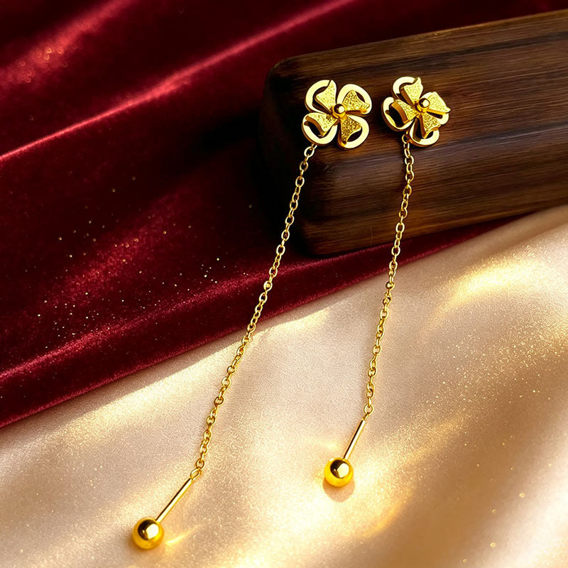 Designed Three-dimensional Matte Clover Drop Earrings With Tassels For Women