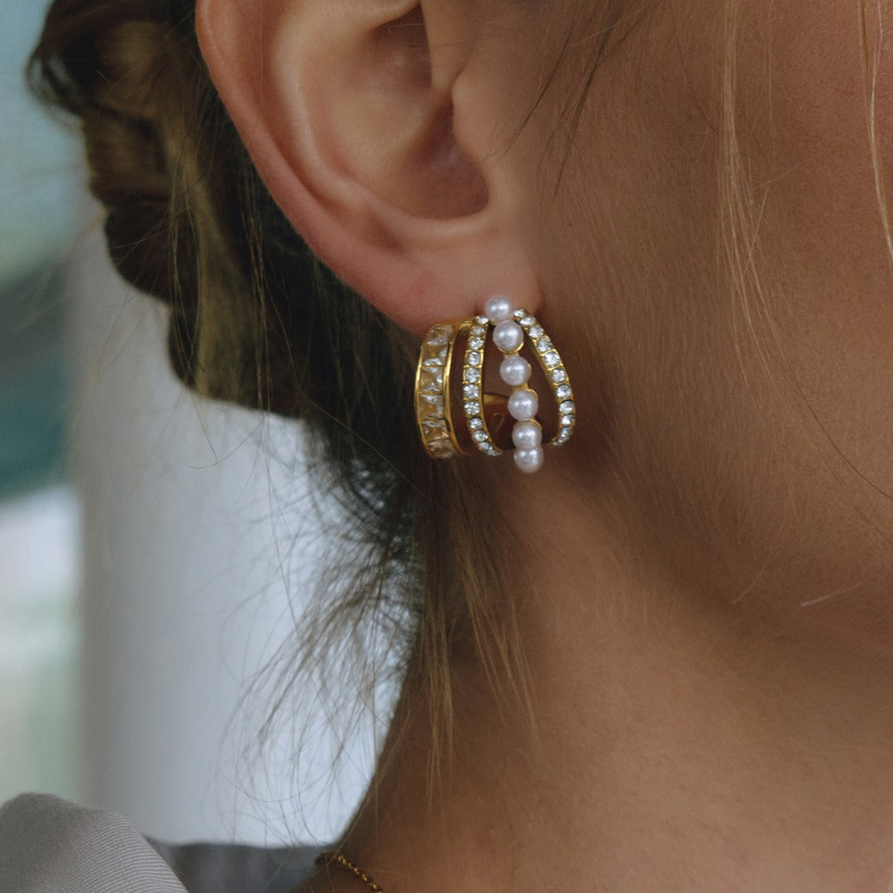 Pearl Zircon C Hoop Earrings