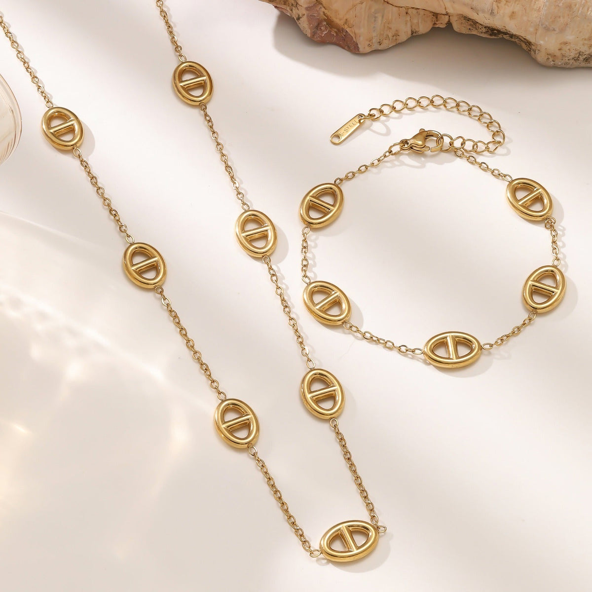 18K Gold Pig Nose Necklace and Bracelet Set